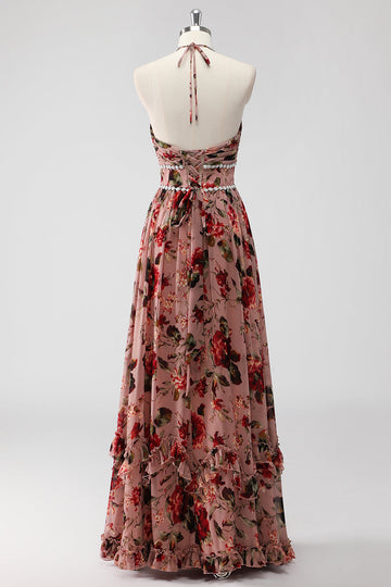 Flores halter de rosa empolvada Un vestido de invitada de boda de línea con abertura